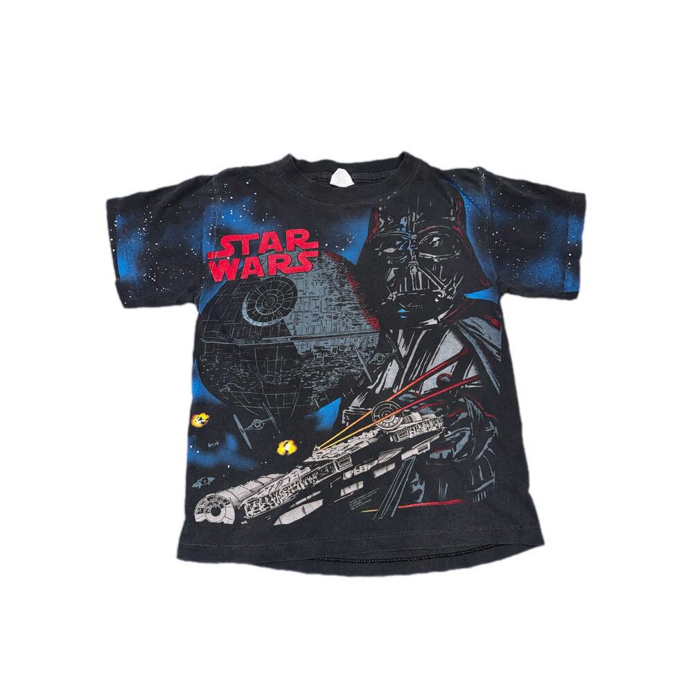 VTG 90'S STAR WARS DARTH VADER AOP BLACK FADED T-SHIRT SZ 10-12 DELTA DEATH STAR